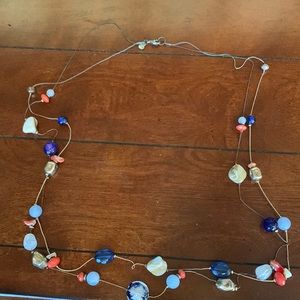 Blue, coral, silver, white beaded necklace